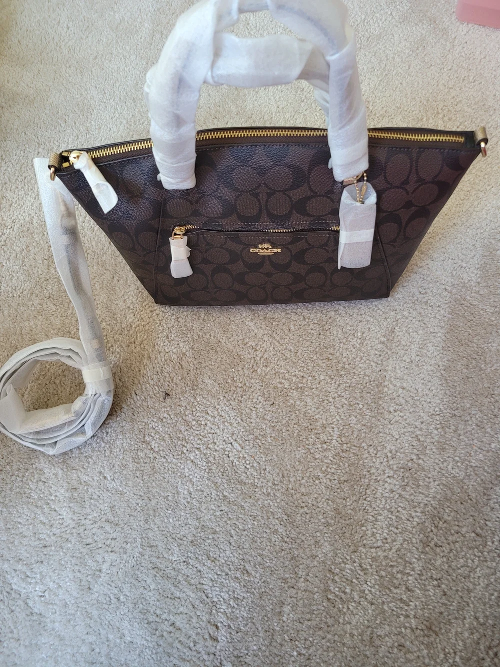Coach Dark Brown Signature Canvas Tote with Gold Hardware